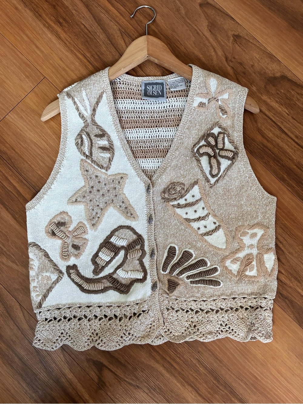Sigrid Olsen Vintage Nautical Seashell Starfish Crochet Knit Sweater Vest Large